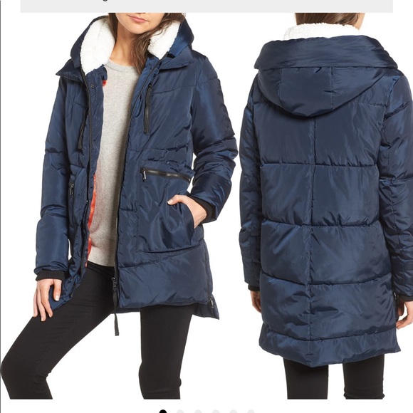 Steve Madden Junior's Hooded Maxi Puffer Coat Blue Size Medium